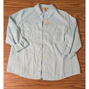 Investments Gold Label 100 % Hemp Women's Button Up 3/4 Sleeve Top Blue 16 W